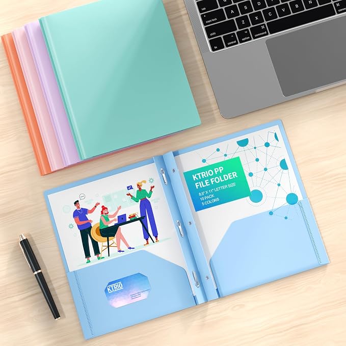 KTRIO 10 Pack Plastic Pocket Folders, 3 Prong, Letter Size, 5 Pastel Colors | 3 Prong Fasteners, 2 Pocket Storage, Business Card Slot, Water-Resistant PP, School Office Use