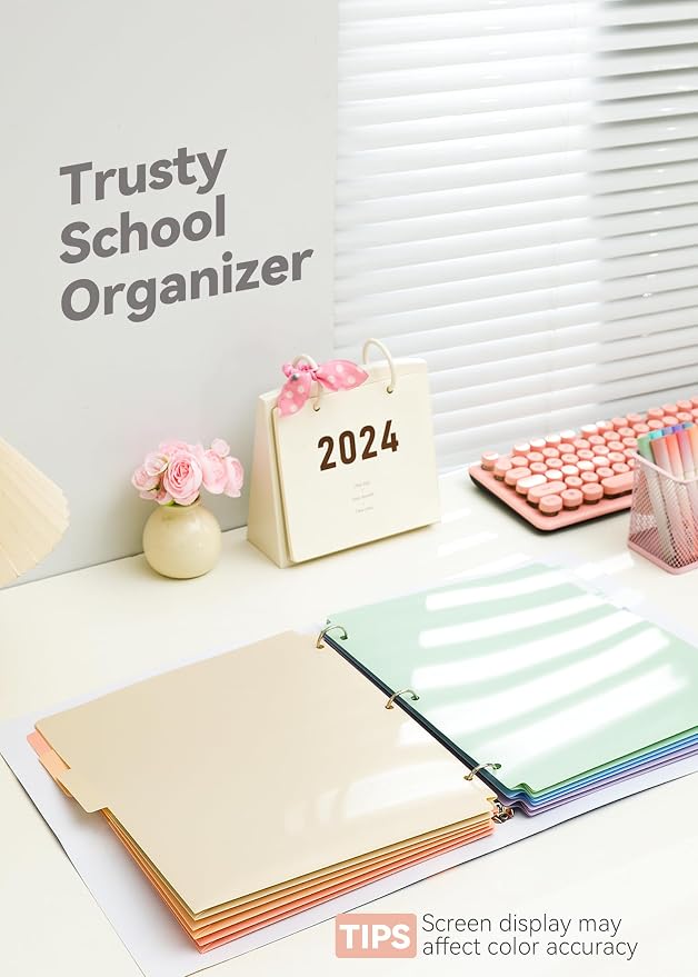 SortRax Plastic Folders with Pockets, 3 Hole Punched for 3 Ring Binder, 1/3 Cut Index Tabs for Quick Find, Pastel 6 Pack, Letter Size for School, Colorful Labels