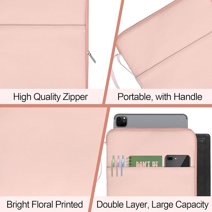 Pink Book Sleeve Kindle Pouch, Book Protector Case with Zipper, PU Leather Waterproof Book Cover Bag, Portable Book Pouch for Book Lovers Gifts Paperbacks Bibles Hardcover