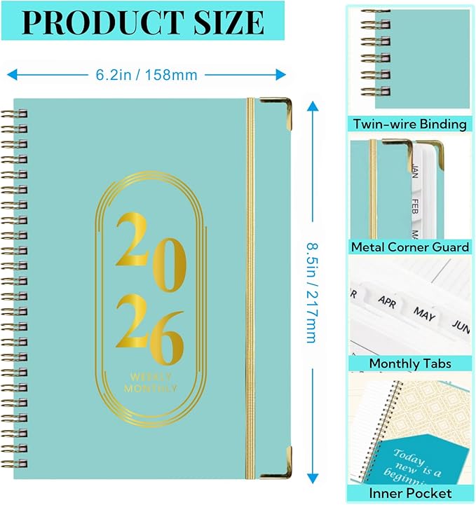 2026 Planner for Women Men,Weekly and Monthly Agenda Calendar Planner,Jan 2026 to Dec 2026,Small A5 Size (6.3" x 8.5"),Hard Cover Teacher Student Daily Planning Book with Tabs,for Office HomeSchool,Lake Blue
