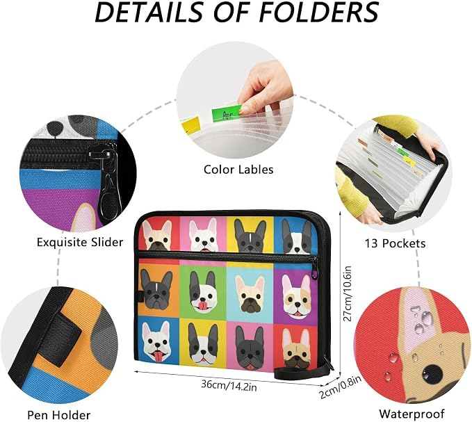13 Pockets Expanding File Folder French Bulldog Pop Art with Sticky Labels Accordion File Folder Document Organizer Letter Size A4 Papers Expandable File Keeper