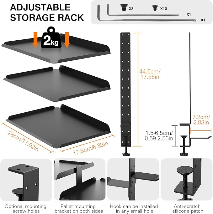 3 Tier Clamp On Desk Shelf - Over Or Under Table Clamp,with Adjustable Metal Storage Tray Headphone Stand with No Drill Installation, for Home Office, Gaming Devices,Storage Tray,and More