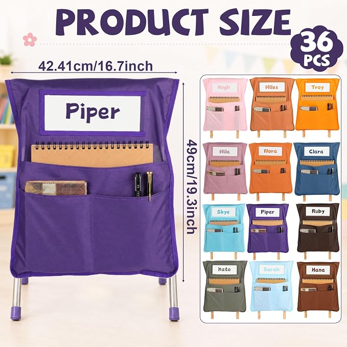 36pcs for Classroom 16.3x19.7inch Classroom Chair Pockets with Name Tag 3 Pockets Chair Organizer for Teacher Student School Office(Groovy)