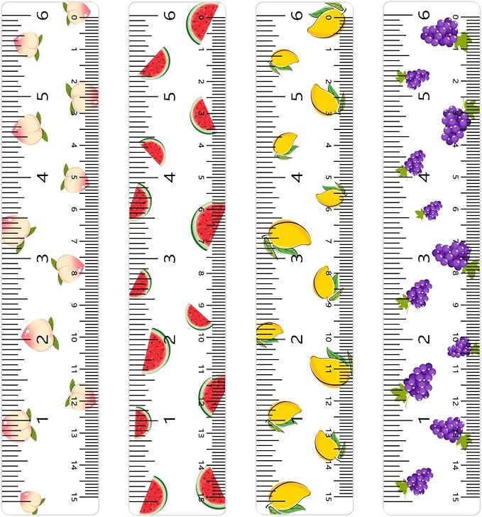 BAYTORY 4Pcs Transparent Acrylic Ruler 6 Inch, Clear Plastic Straight Rulers, Shatterproof Student Stationery Centimeters with Inches, for Classroom Essentials School Supplies (Fruit 6 Inch)