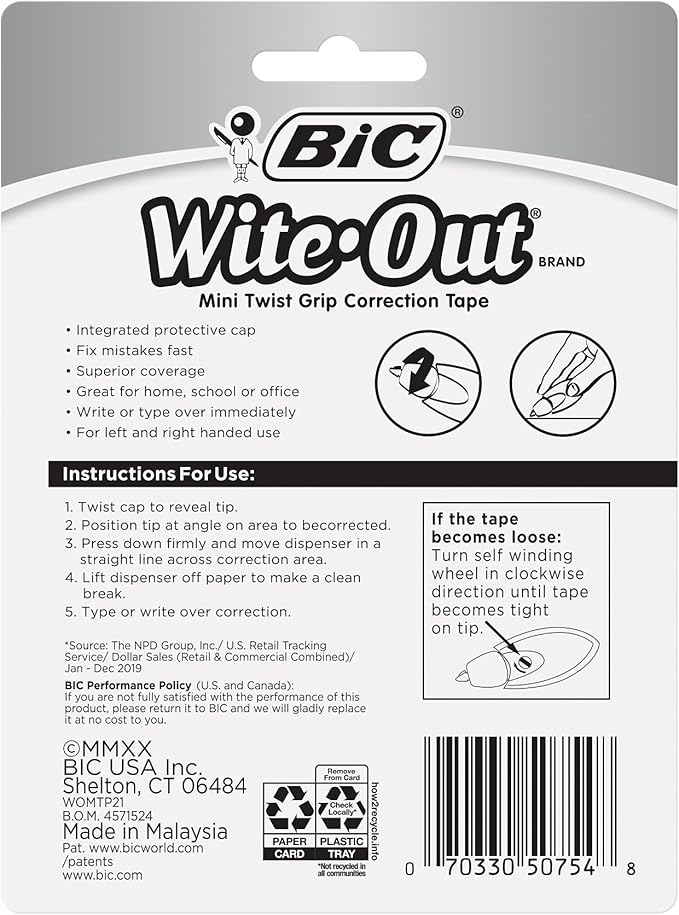 BIC Wite-Out Brand EZ Correct Correction Tape, White, 2-Count