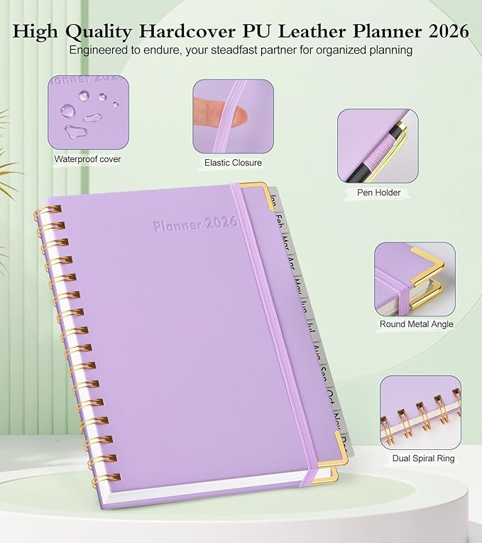 2026 Planner, Hardcover Leather Weekly and Monthly Planner, January 2026 - December 2026, Spiral Yearly Agenda Organizer Book 2026 with Tabs, Daily Calendar Planners for School Work Home, A4 (8.5" x 11"), Purple