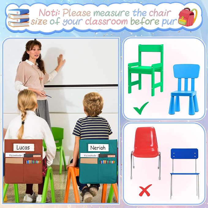 gisgfim 24 Pcs Chair Pockets for Classroom 16.7 x 19.3 Inch s with Name Tag Chairback 3 Pockets Chairs Seat Back Organizer for Elementary School Daycare Home Supply (Light Boho)