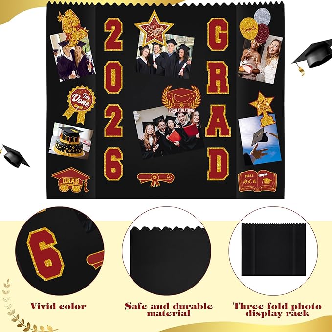 AmazingSpark 2 Sets Graduation Photo Display Board Trifold Poster Board with 12 Graduation Themed Stickers for 2026 Grad Party Decoration Picture Collage Frame Supplies (40 x 28,Red Gold)