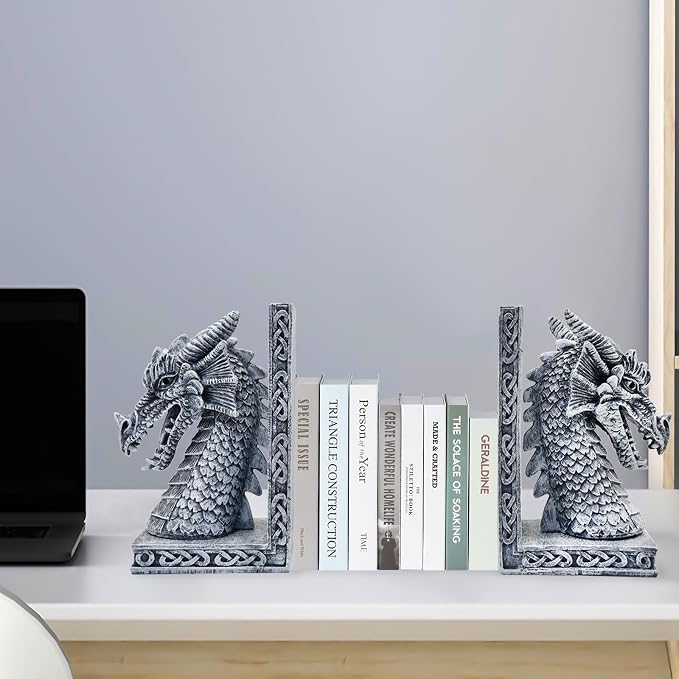 Dragon Bookends for Shelves Set of 2 - Heavy Book Ends Book Supports for Shelves - 4.15 "x 3.25 "x7 Unique Dragon Design Grey（10 Inch
