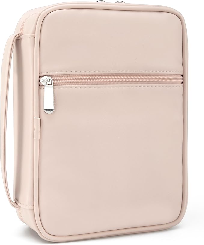 Small Bible Cover Case for Women and Men, 9x6 PU Leather Bible Sleeve, Compact Travel Bible Carrier Bag with Front Pen Holders, Zipper Closure, Inner Pockets - Beige