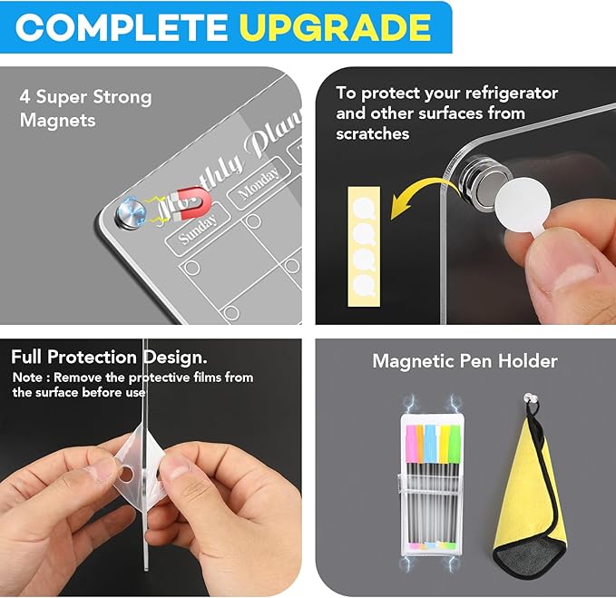 MIKEDE Magnetic Calendar for Refrigerator, 4 Pack Strong Magnets Dry Erase Board Set, 6 Colorful Markers, Acrylic Calendar for Fridge Family Planning Whiteboard Wall, Magnet Pen Holder
