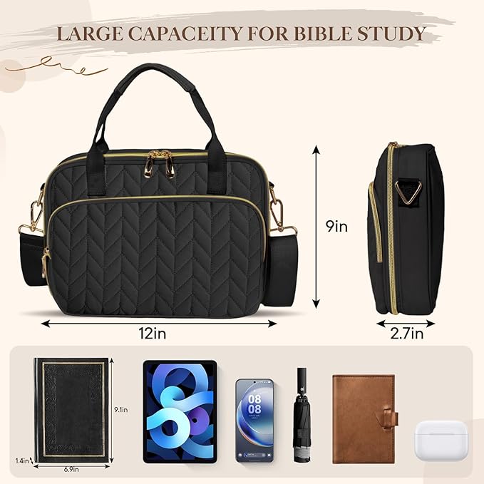 Bible Cover Case for Women, Large Qilted Bible Case with Shoulder Strap,Study Supplies and Highlighters Accessories - Perfect Christian Gift for Church, Travel (Black, one Size)