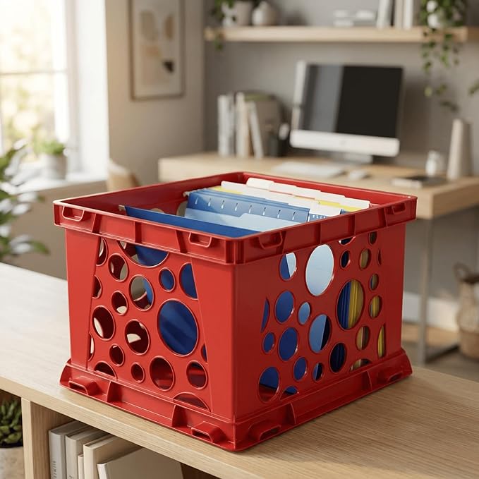 Storex Premium Stackable File Crates (3-Pack) for Letter & Legal Hanging Folders – Durable Red Plastic Storage Bins with Handles – 50 lb Capacity Organizer for Office, Home, Classroom