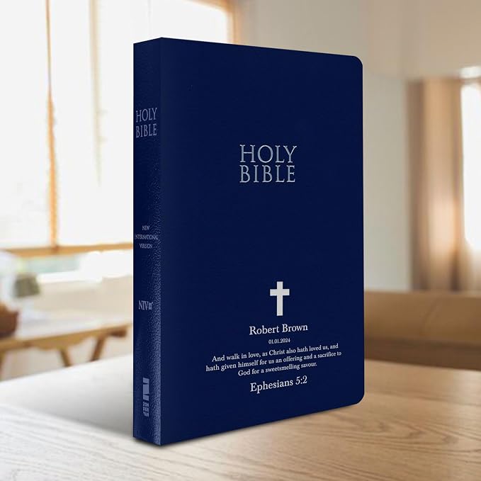 Personalized NIV Bible New International Version SMALL Text/Print Simple Economy Bible with Custom Name and Scripture, Jesus Words in Red Gift for Christian & Religious Events, Blue