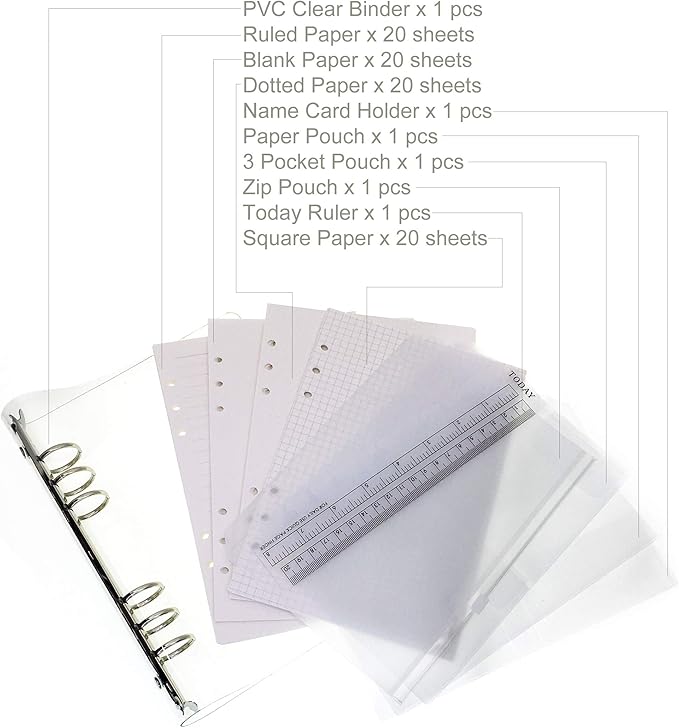 A6 A5 6-Holes Colorful PVC Cover Personal Organizer with Snap Button Closure File Folder for Loose Leaf Sheet Notebook (Silvery Rain, A6 Combo)
