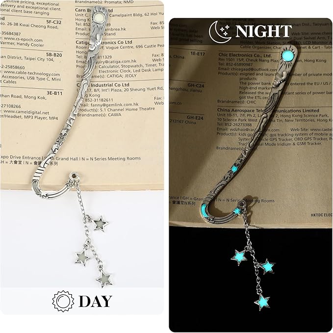 Jeffdad Moon and Stars Luminous Glow in The Dark Butterfly Fantasy Bookmark - Cool Gifts for Women Girls, Silver Stars