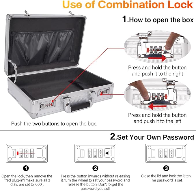 Locking Briefcase 15" File Organizer Storage Box, Portable with Dual Combination Locks, Durable Aluminum Alloy Frame for Cash/Documents, Ideal for Home/Office/Travel/Business