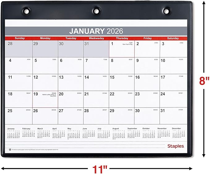 2026 Staples 11" x 8" Monthly Calendar, White/Red/Gray