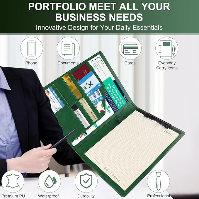Clipboard Padfolio with Storage Pocket,Clipboard Folder Portfolio Organizer,360 Degree Foldable Clipboards,Faux Leather Padfolio Organizer (Olive Green, A4 Size Folder Without Elastic Band)
