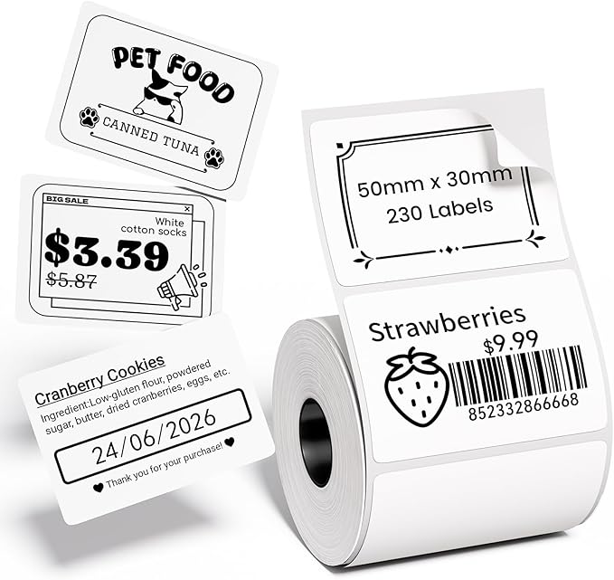 M110 Thermal Labels - 1.96"X1.18" (50X30MM), Compatible with Label Maker Machine M100/ M110/M220/ M250/ M221/M421/241BT/243BT, Multi-Purpose Adhesive Thermal Labels, Black on White, 230 Labels/Roll