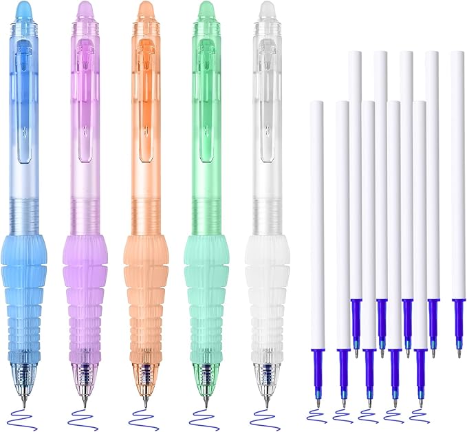 BAYTORY 5 Pcs Erasable Gel Pens, Fine Point 0.5mm Blue Ink Erasable Pen with 10 Refills, Comfort Grip Writing Pens with Erasers, for Office School & Home Supplies (Blue Ink)