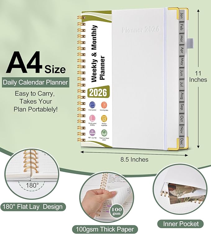 2026 Planner, Hardcover Leather Weekly and Monthly Planner, January 2026 - December 2026, Spiral Yearly Agenda Organizer Book 2026 with Tabs, Daily Calendar Planners for School Work Home, A4 (8.5" x 11"), White