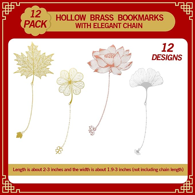 12 Pieces Metal Bookmarks with Chain for Women Metal Leaf Bookmark for Book Lovers Writers Readers Children Teens Adults Gold Silver and Rose Gold(Chain Style)