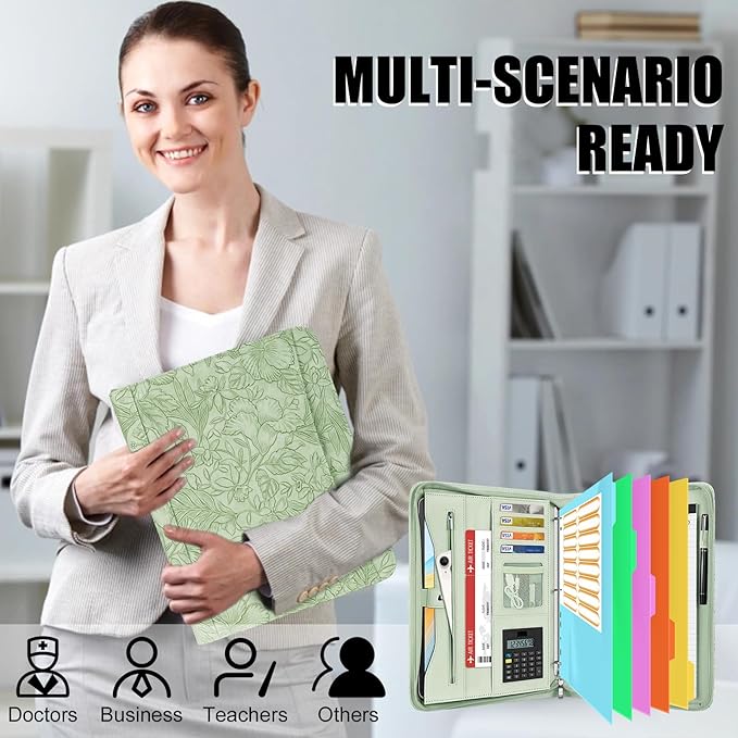 Eshow Portfolio Organizer - 3 Ring Binder with Zipper, Vegan Leather Business Padfolio Folder with Notepad Includes 5 Color Sheet Protectors for Documents Files for Men Women