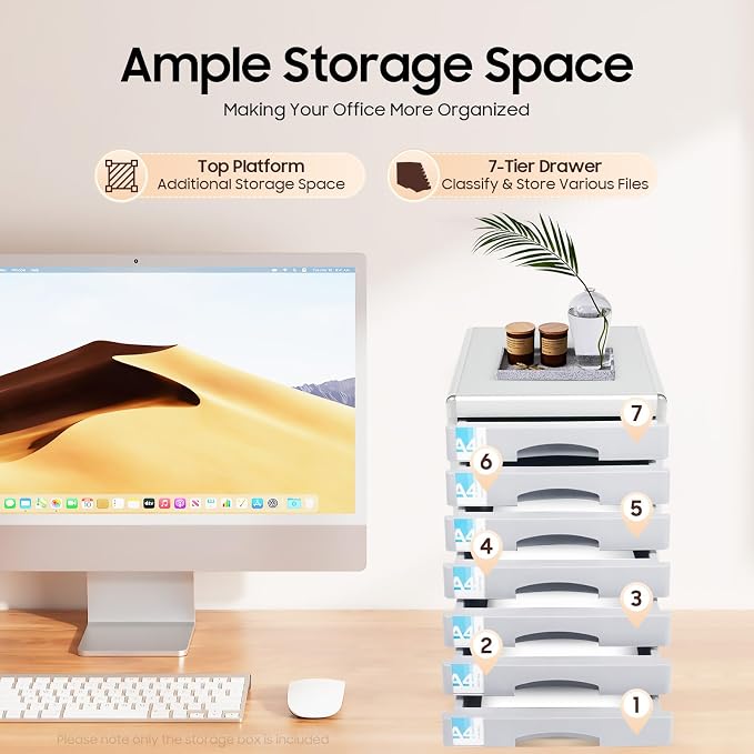 Desk Organizer with 7 Drawers, Documents Organizer with Lock, Office Supplies Desktop Filing Cabinet, A4 File Storage Holder, Stackable Storage Box for Jewelry/Bill/Paper/Documents