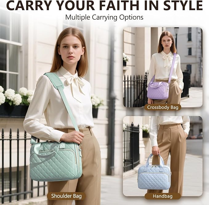 Bible Cover Case for Women, Large Bible Bag Bible Study Supplies Accessories Journaling Kit with Highlighters Tabs, Quilted Book Carrying Cases with Shoulder Strap, Christian Easter Gifts for Women