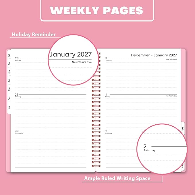 Planner 2026-2027- 2026-2027 planner weekly and monthly, Jul. 2026 - Jun. 2027, 6.25" x 8.3", Flexible Cover, A5 Thick Paper, Twin-Wire Binding - Pink