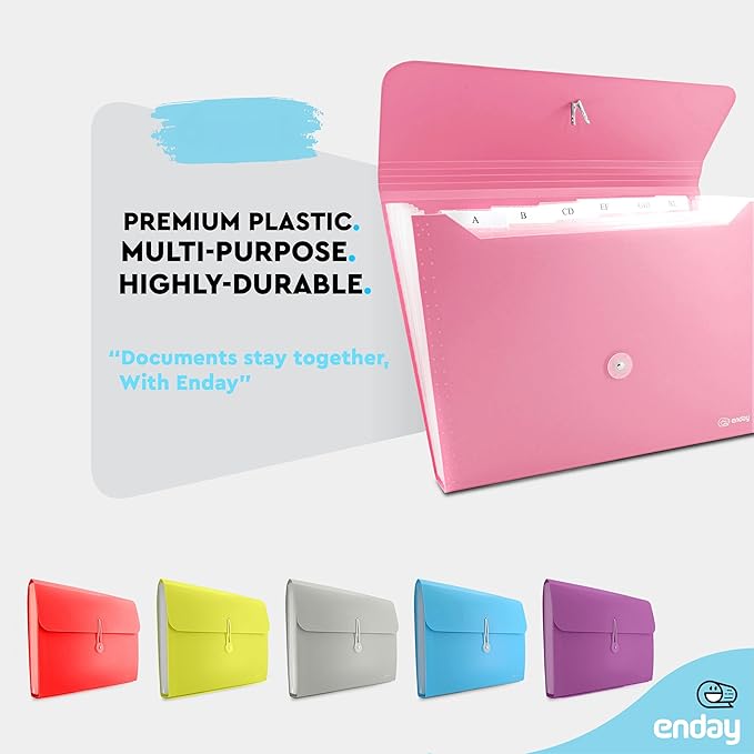 Accordion File Organizer Pink, 7 Pocket Expanding File and Cover Folder with Labels, Plastic Portable Desktop Letter A4 Paper, Also Available in Red, Purple, Green, Blue, Grey, 1 Pc – By Enday