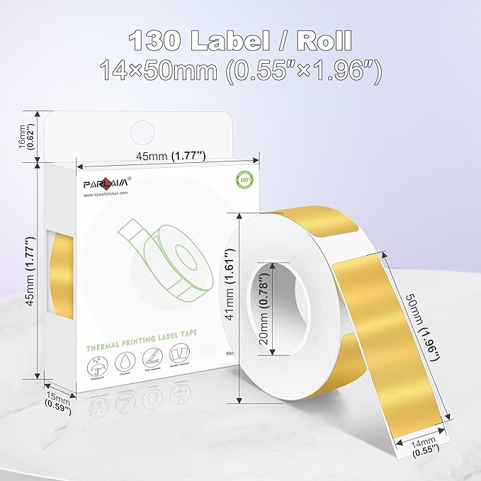 PARLAIM Label Maker Tape, 14x50mm (1/2" x 1 7/8") Self-Adhesive Thermal Label Stickers, 130pcs/Roll Gold