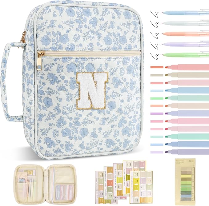 Personalized Initial Bible Cover Case for Women Girls Kid - Large Quilted Bible Case with Handle, Stylish Chenille Letter Bag Study Supplies, Perfect Christmas Gifts for Christians (Blue Flower-N)
