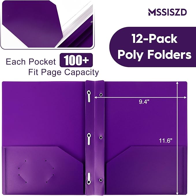6-Pack Plastic Folders with Pockets and Prongs,2-Pocket Folders with 3 Fasteners, Holds 8-1/2" x 11" Paper for School/Office/Home, Purple