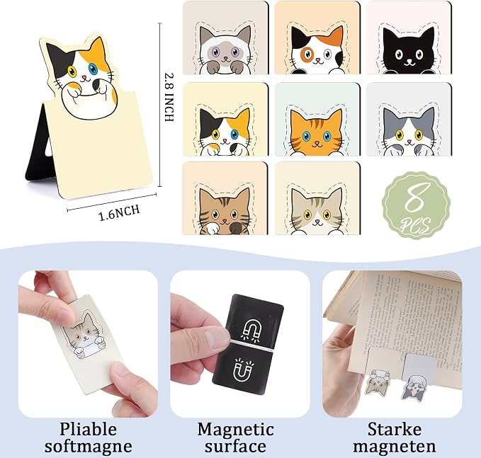 Cute Cat Magnetic Bookmarks - 8 PCs Book Marks for Reading Women Funny Magnet Page Clips for Kids Teachers Students Book Cat Lovers Bookish Readers Birthday Gifts School Office Accessories