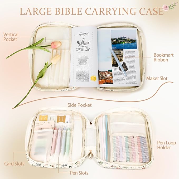 Bible Cover Case for Women Large Quilted Bible Carrying Bag with Handles Bible Study Supplies & Accessories Christian Gifts for Women(Wildflower Meadow, M)