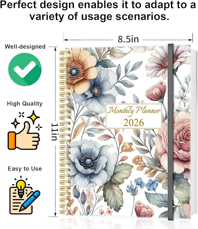 Monthly Planner 2026 - Monthly Calendar from January 2026 to December 2026, 2026 Planner with Inner Pocket, Elastic Band, 8.5" x 11", Color Large Flower
