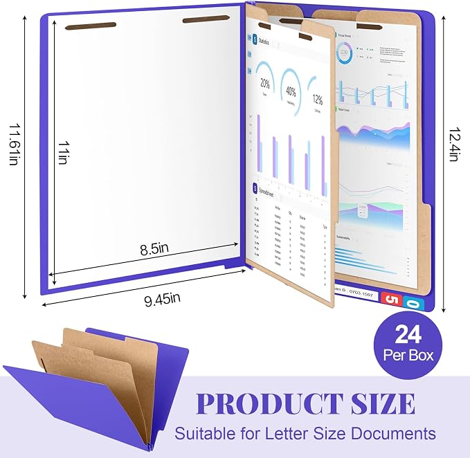 24 Pcs Classification Folders Letter Size, 2 Dividers Pressboard File Folder Bulk with Fasteners, Expanding File Organizer for Teachers, Clergy, Office, Church Christmas Donations(Purple)