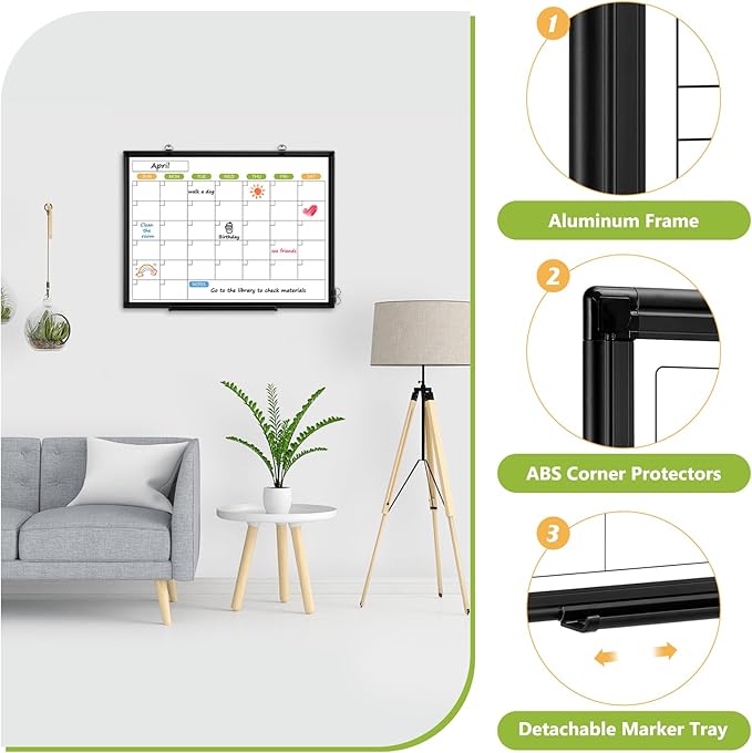 Dry Erase Calendar Whiteboard for Wall, 36" x 24" Double-Sided Magnetic Monthly WhiteBoard Calendar Dry Erase, Wall Hanging Aluminum Frame with Tray for Home, School, Office