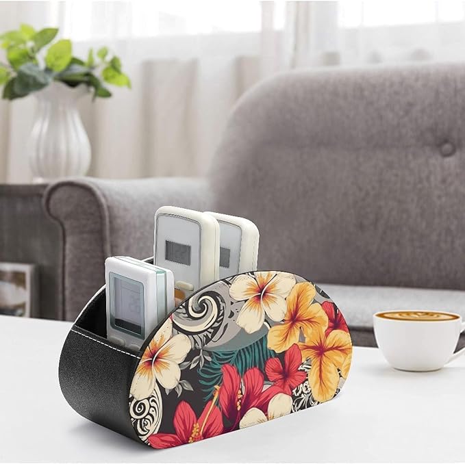 Colorful Hawaiian Pattern Remote Control Holder with 5 Compartment Organizer Box, Leather TV Remote Holder Organizer Caddy for Table, PU Leather Remote Box for Nightstand Office Desk Storage Box