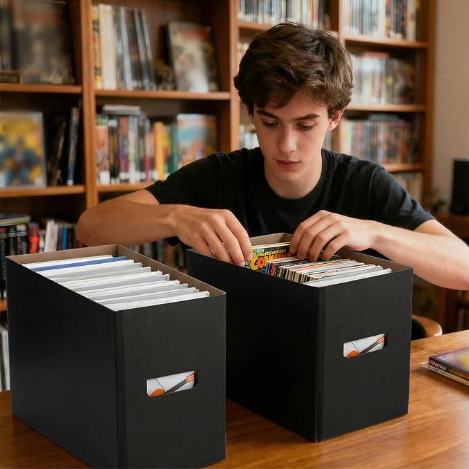 Fuyoooo 15 Pack Comic Book Storage Boxes, Holds 150-175 Comics, 15.4 x 7.5 x 11.4 Inch Stackable Comic Short Bin Organizer Cardboard Box for Collapsible Magazine Book Collecting Supplies(Black)