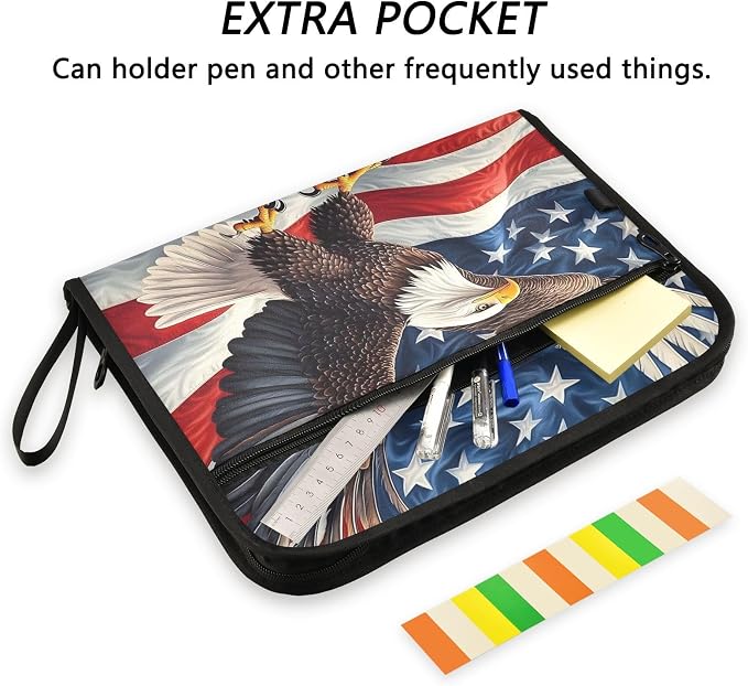 Expanding File Folder Bald Eagle American Flag Old Accordion File Organizer 13 Pockets Document Organizer with Zipper Labels A4 Letter Office Storage