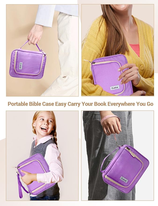 Bible Cover Case for Women, Large Bible Book Cover with Zippered Pockets for Study Accessories, Bible Tote Bag for Church, Study, Travel, for Women Lady Teen Girls Purple