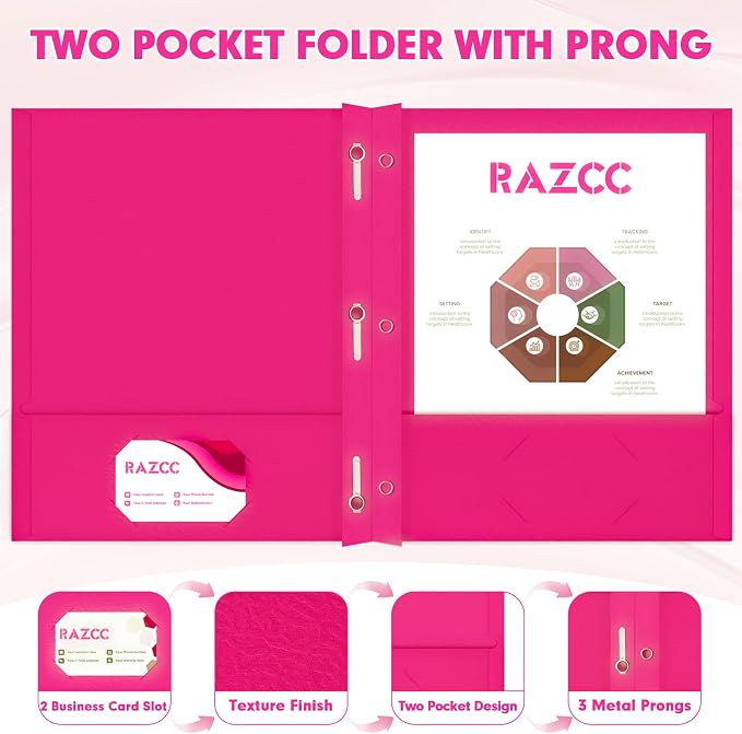 Two Pocket Folders, RAZCC 75 Pack Two Pocket Folders with Prongs, 3 Prong Folders Fit Letter Size Paper, Pocket File Folders for School Office Home Business, Magenta