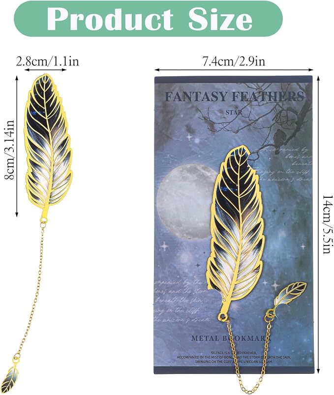 4PCS Feather-Shaped Metal Bookmarks with Chain, Vintage Metal Feather Bookmarks, 4 Styles Fantasy Feathers Bookmark Set for Book Lovers, Readers, Writers, Women, Men (Dark Night, Aurora, Stars, Mist)