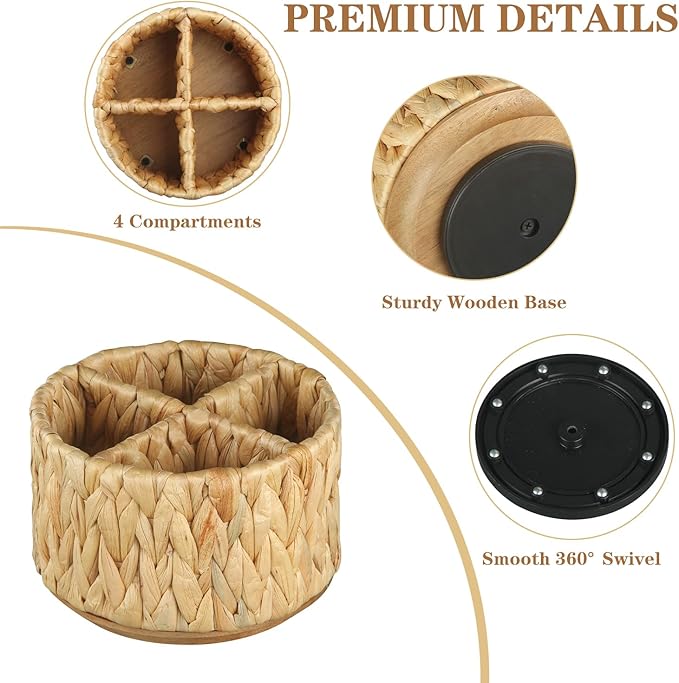 BIBELUN TV Remote Control Holder - Woven Water Hyacinth 360 Degree Rotating Desk Organizer | Boho Rattan Spinning Caddy | Pen/Art Supplies/Stationery Storage for Office, Living Room, Bedside Table