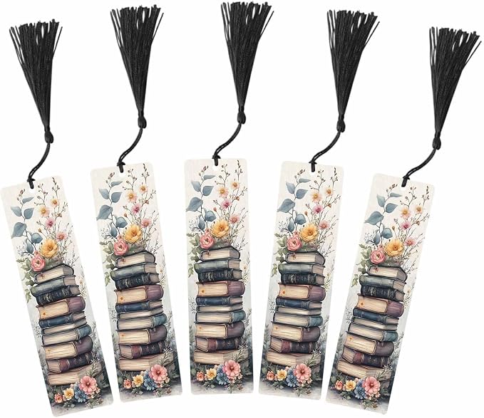 Old Books Pattern Bookmarks Set 5 with Tassels Watercolor Pink Flower Wooden Bookmarks for Reading Women Men Students Teachers School Supplies