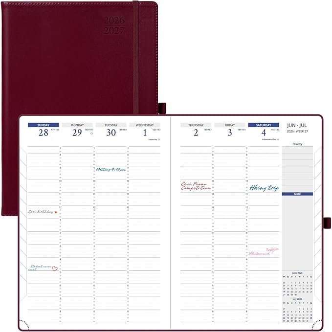 POPRUN 2026 Planner - Weekly And Monthly Planner (A4 Size 8.25'' x 11.75''), 15-Minute Hourly Planner & Appointment Book (Jan 2026 - Dec 2027), Monthly Tabs, Inner-pocket - Burgundy