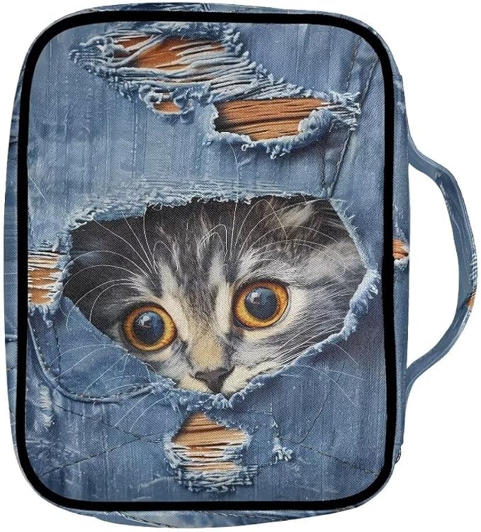Coldinair Denim Cat Bible Cover Case for Women Men,Carrying Book Cover Bible Holders with Handle and Zippered Pocket,Fits for Standard/Large Size Bible